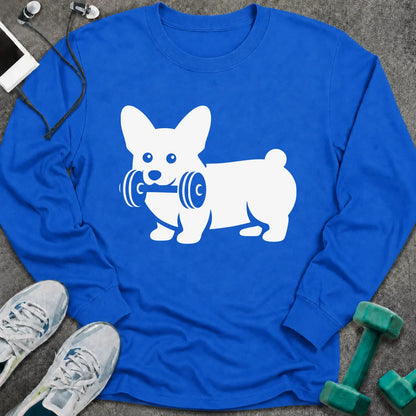 Royal long sleeve tee printed with a corgi carrying a dumbbell in white