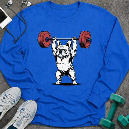 Royal long sleeve tee printed with a french bulldog pressing a barbell overhead