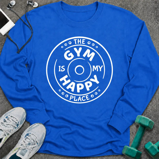 Royal long sleeve tee printed with "The Gym Is My Happy Place" in white, with a round badge around the words