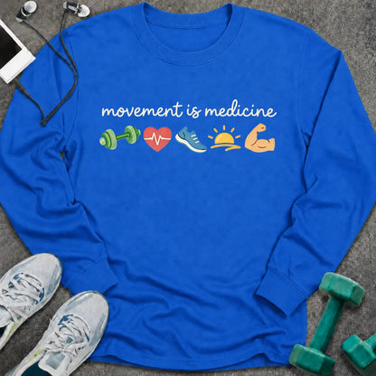 Royal long sleeve tee printed with "movement is medicine" in white script, with dumbbell, heart, running shoe, sunrise and flexed arm icons