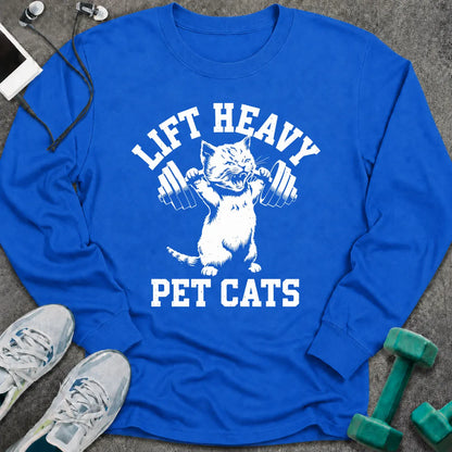 Royal long sleeve tee printed with "Lift Heavy Pet Cats" in white, with a cat lifting dumbbells