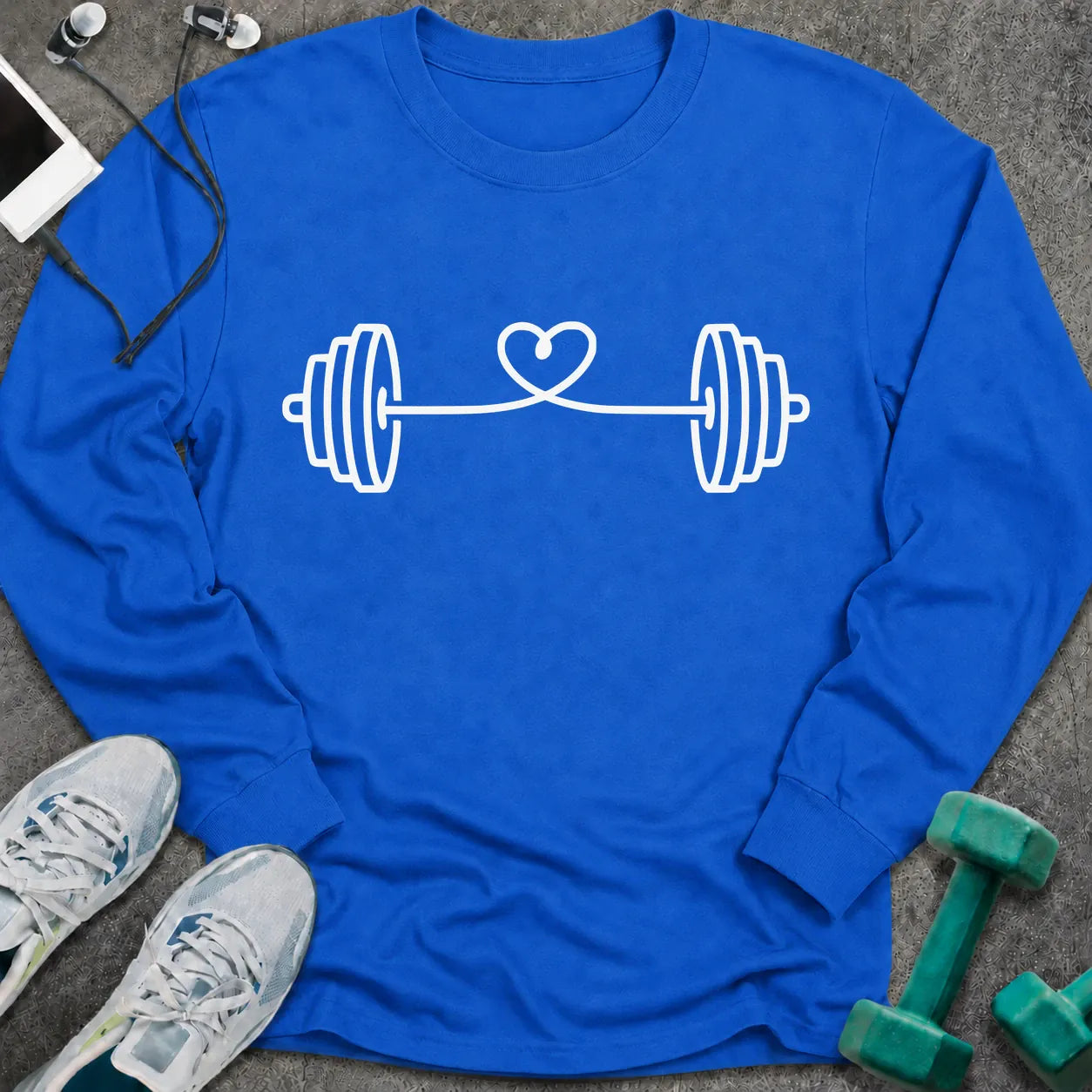 Royal long sleeve tee printed with a barbell strung with a looping heart in white