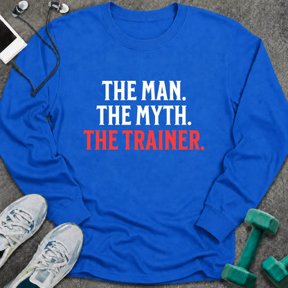 Royal long sleeve tee printed with "The Man. The Myth. The Trainer." in white and coral