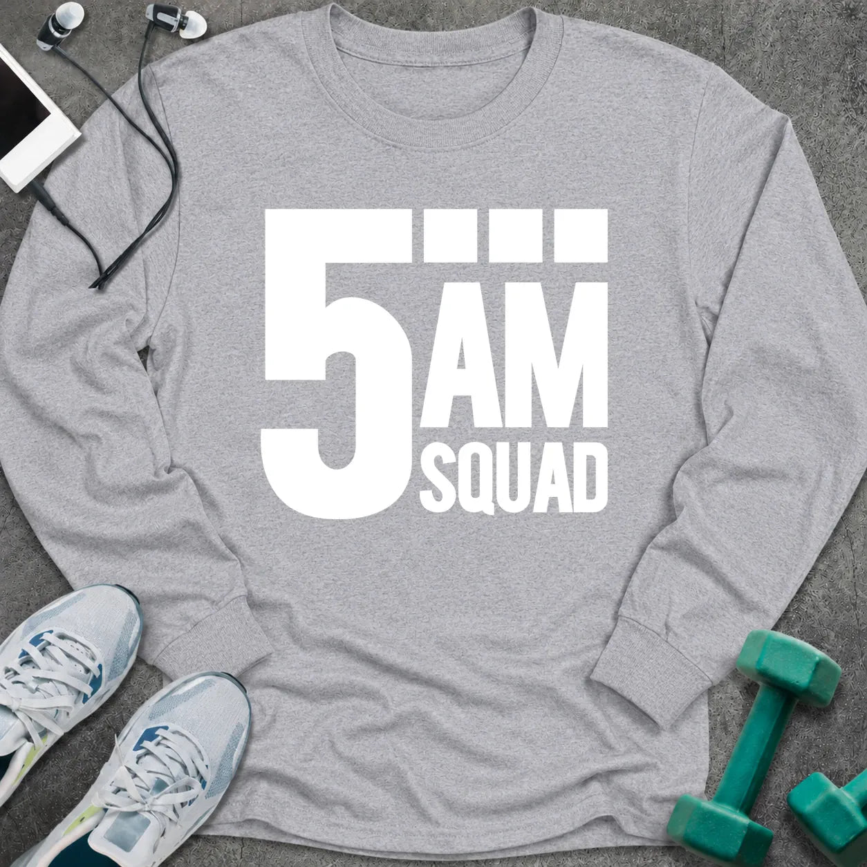 Sport grey long sleeve tee printed with "5AM Squad" in white block lettering