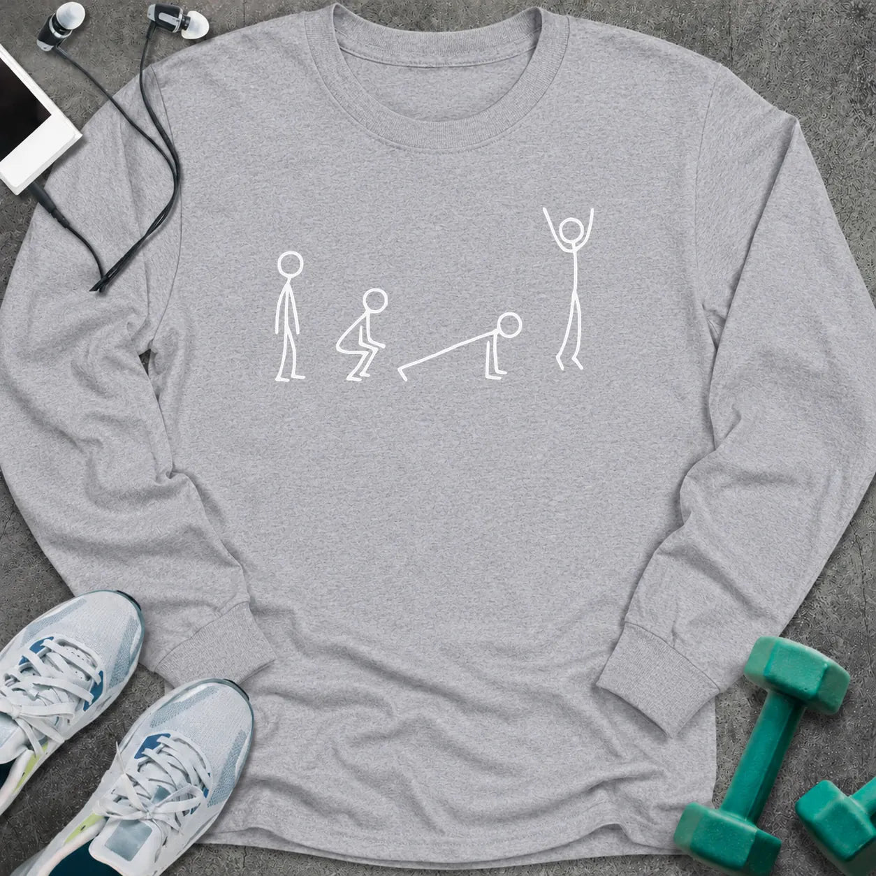 Sport grey long sleeve tee printed with stick figures moving through the four stages of a burpee in white