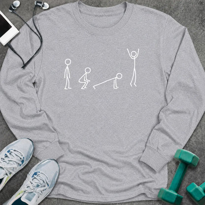 Sport grey long sleeve tee printed with stick figures moving through the four stages of a burpee in white