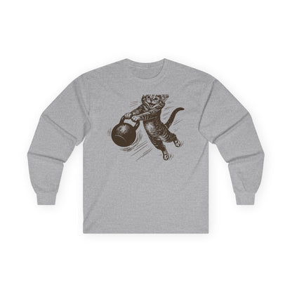 Sport grey long sleeve tee printed with a sepia sketch of a cat swinging a kettlebell