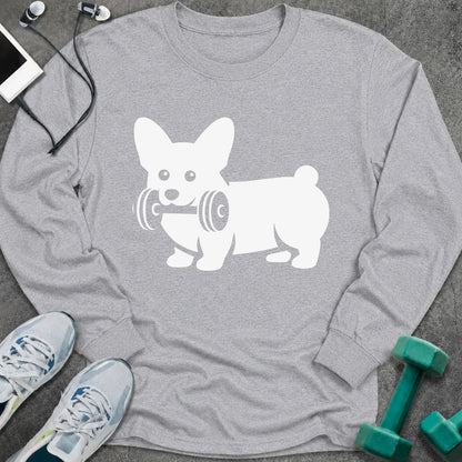 Sport grey long sleeve tee printed with a corgi carrying a dumbbell in white