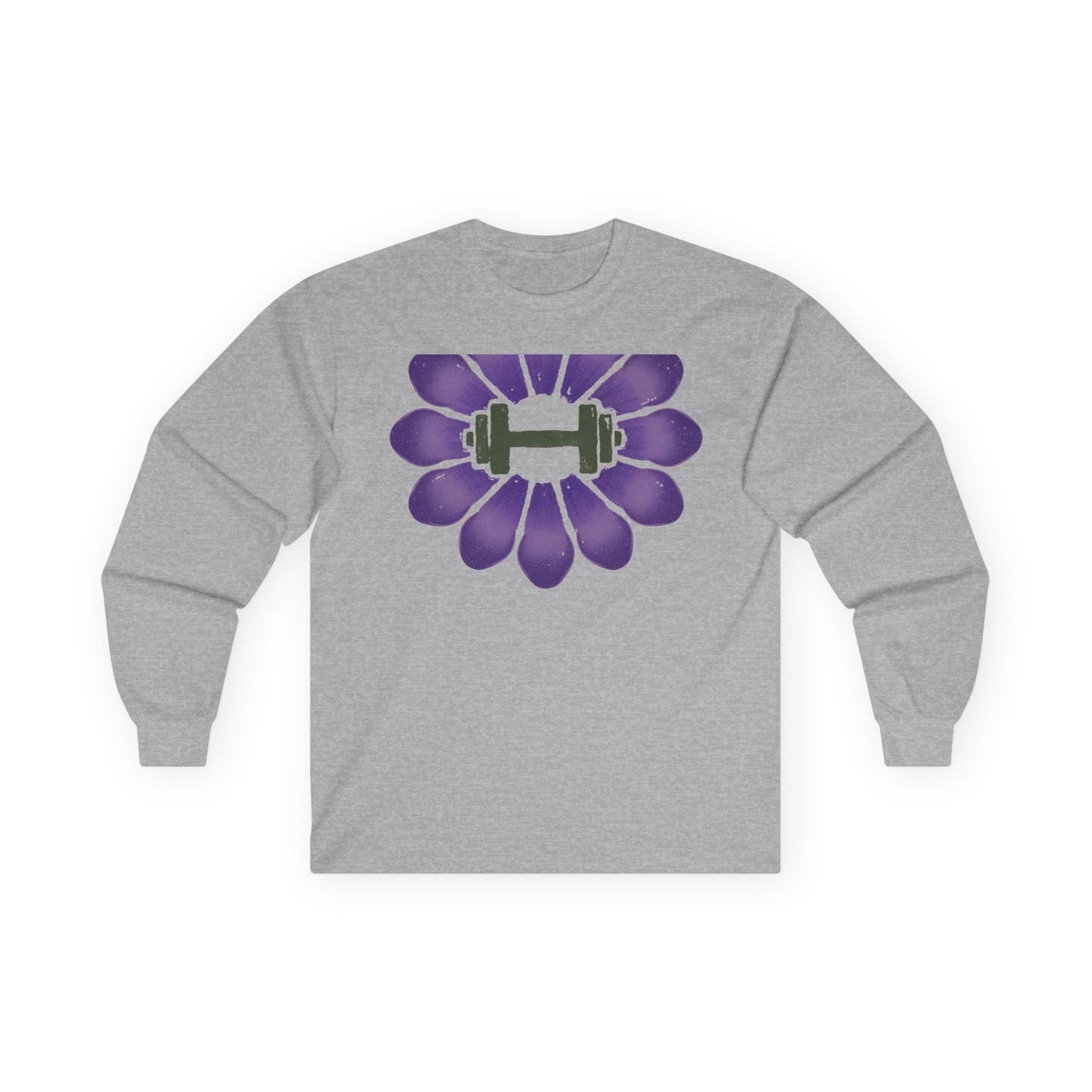Sport grey long sleeve tee printed with a purple crocus with a green dumbbell at its center