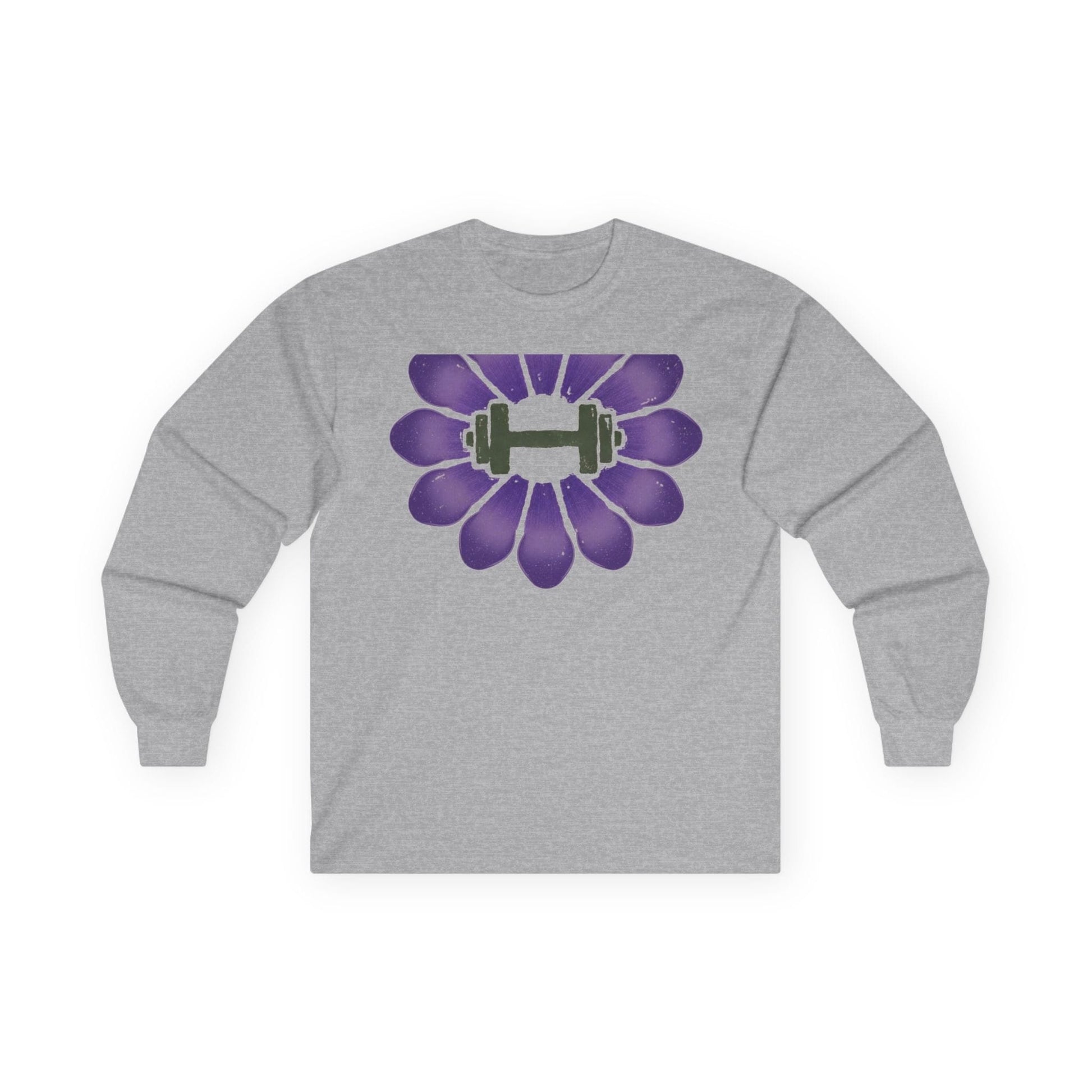 Sport grey long sleeve tee printed with a purple crocus with a green dumbbell at its center