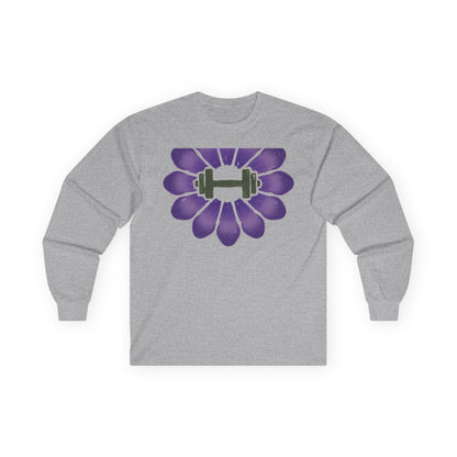 Sport grey long sleeve tee printed with a purple crocus with a green dumbbell at its center