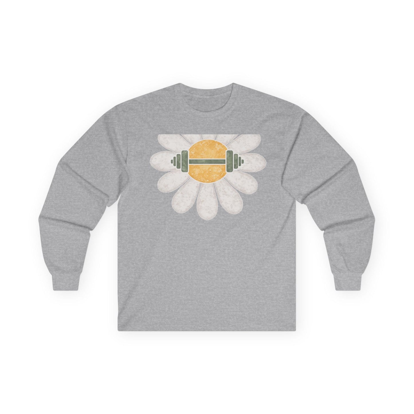 Sport grey long sleeve tee printed with a white daisy with a barbell through its center