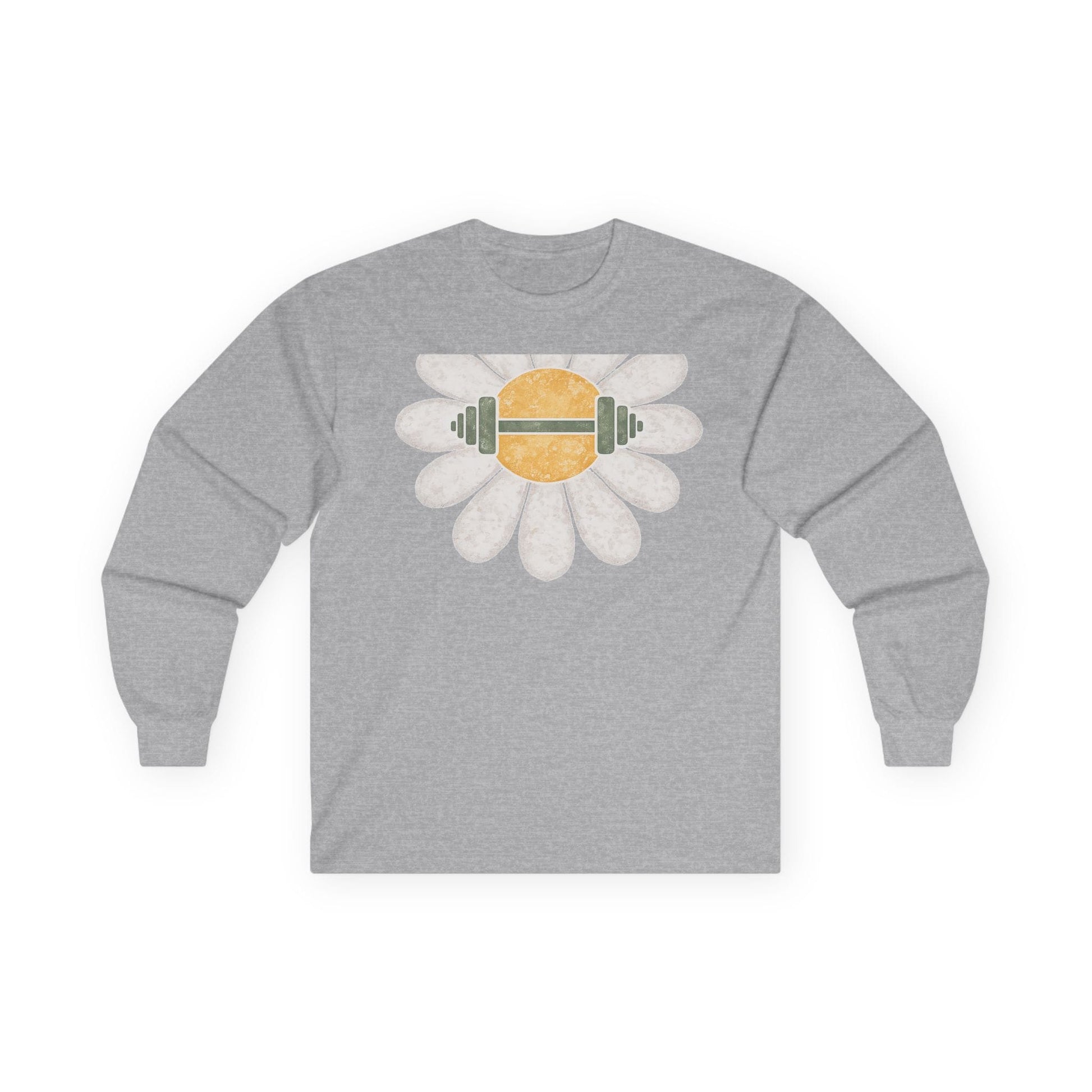 Sport grey long sleeve tee printed with a white daisy with a barbell through its center