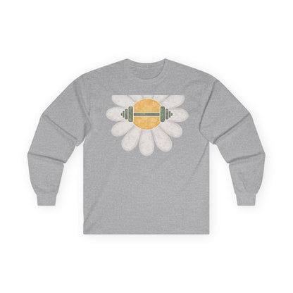Sport grey long sleeve tee printed with a white daisy with a barbell through its center
