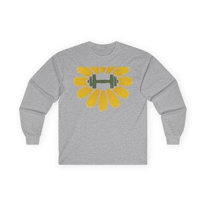 Sport grey long sleeve tee printed with a yellow flower with a green dumbbell at its center