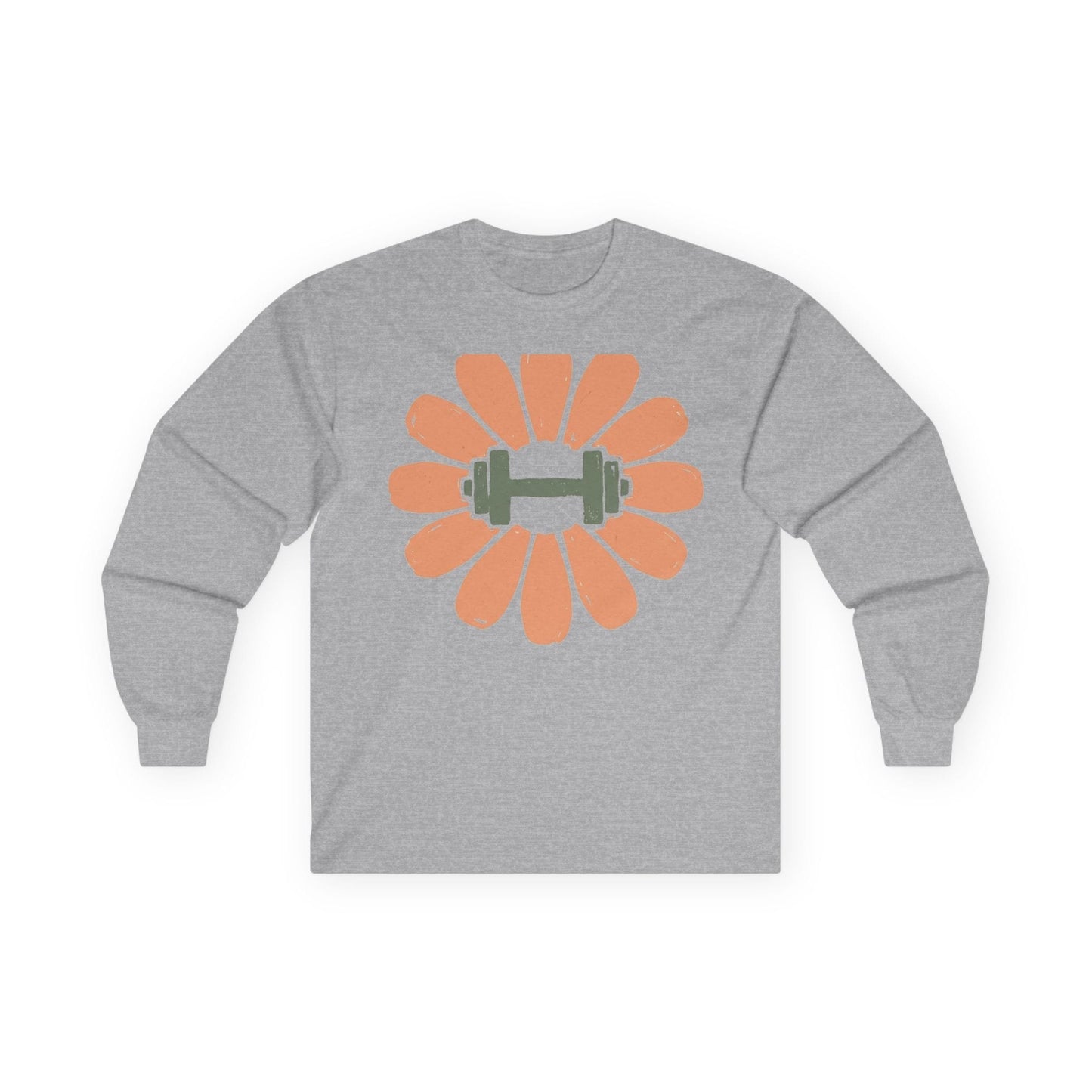 Sport grey long sleeve tee printed with a peach flower with a green dumbbell at its center
