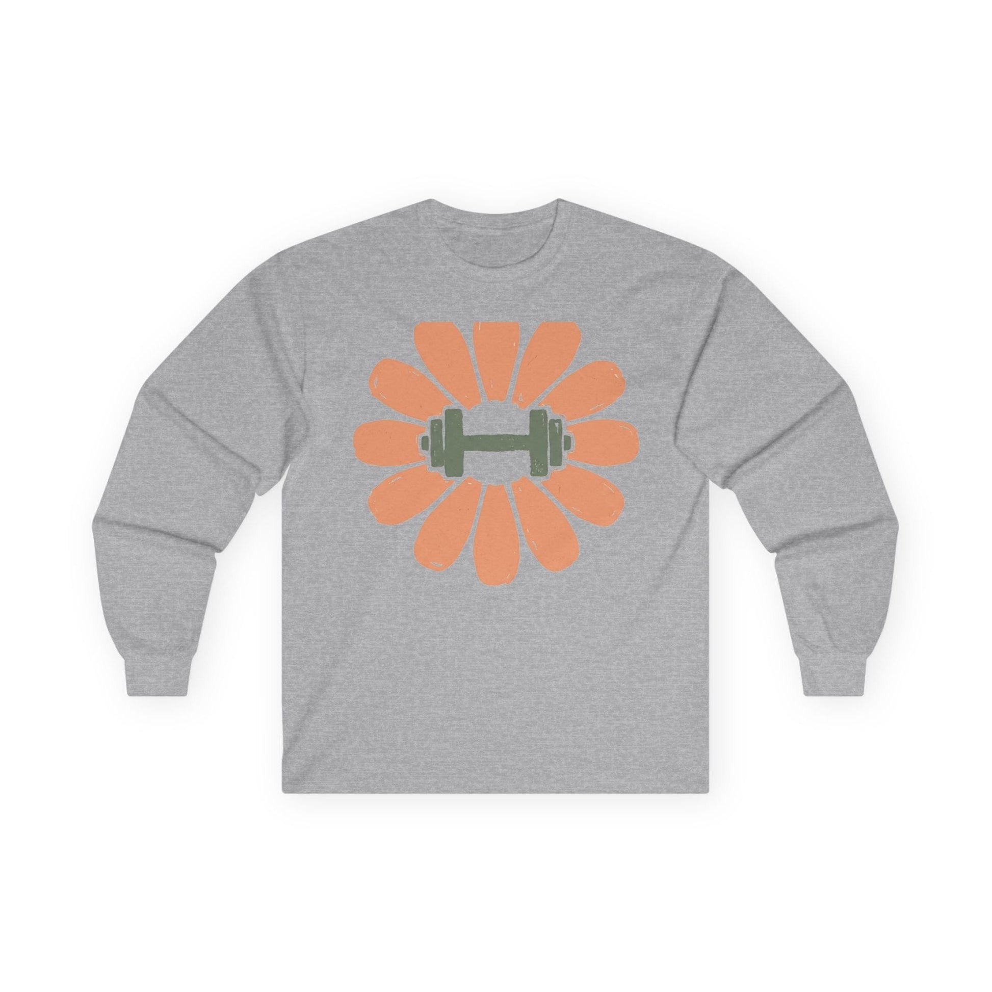 Sport grey long sleeve tee printed with a peach flower with a green dumbbell at its center
