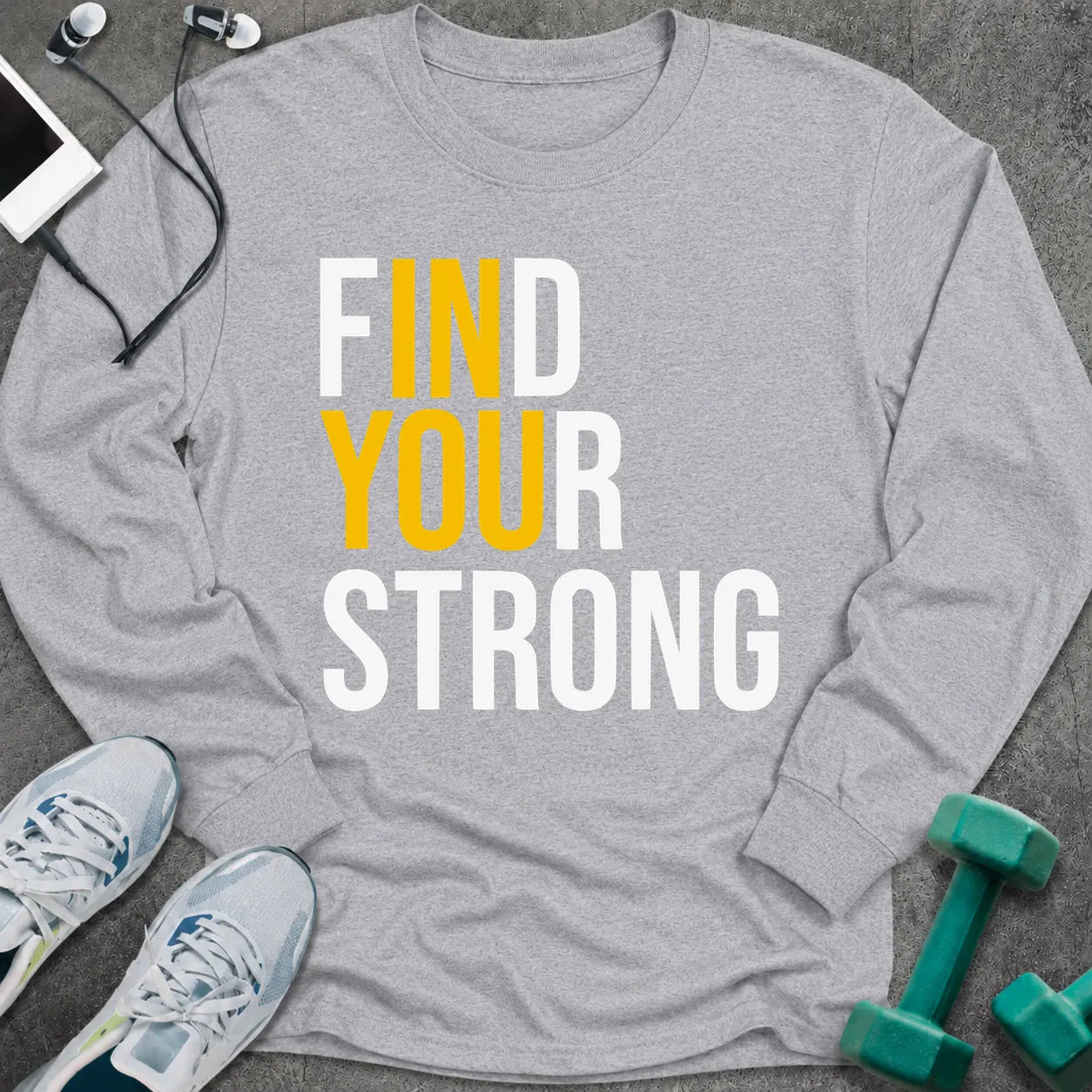 Sport grey long sleeve tee printed with "Find Your Strong" in white and yellow