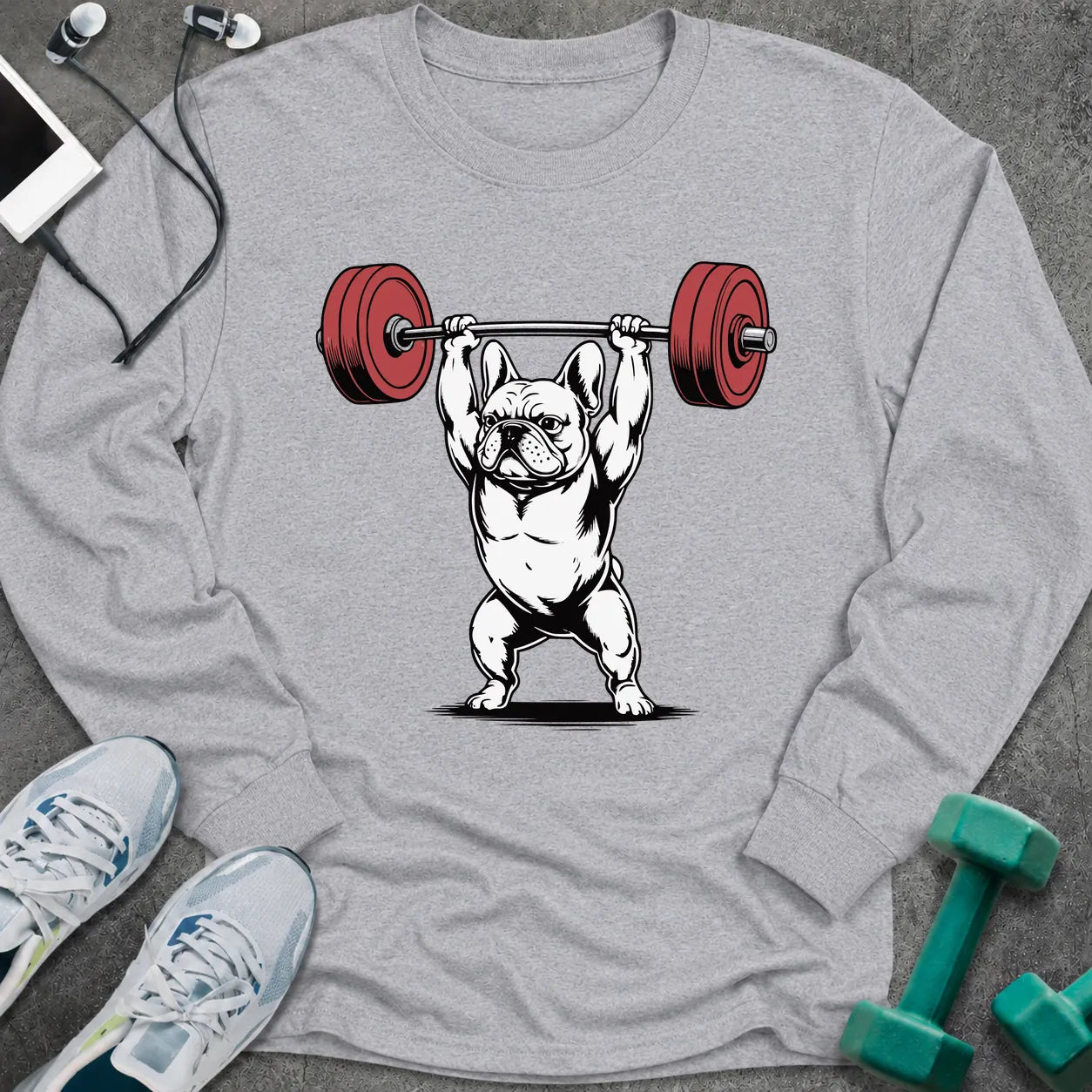 Sport grey long sleeve tee printed with a french bulldog pressing a barbell overhead