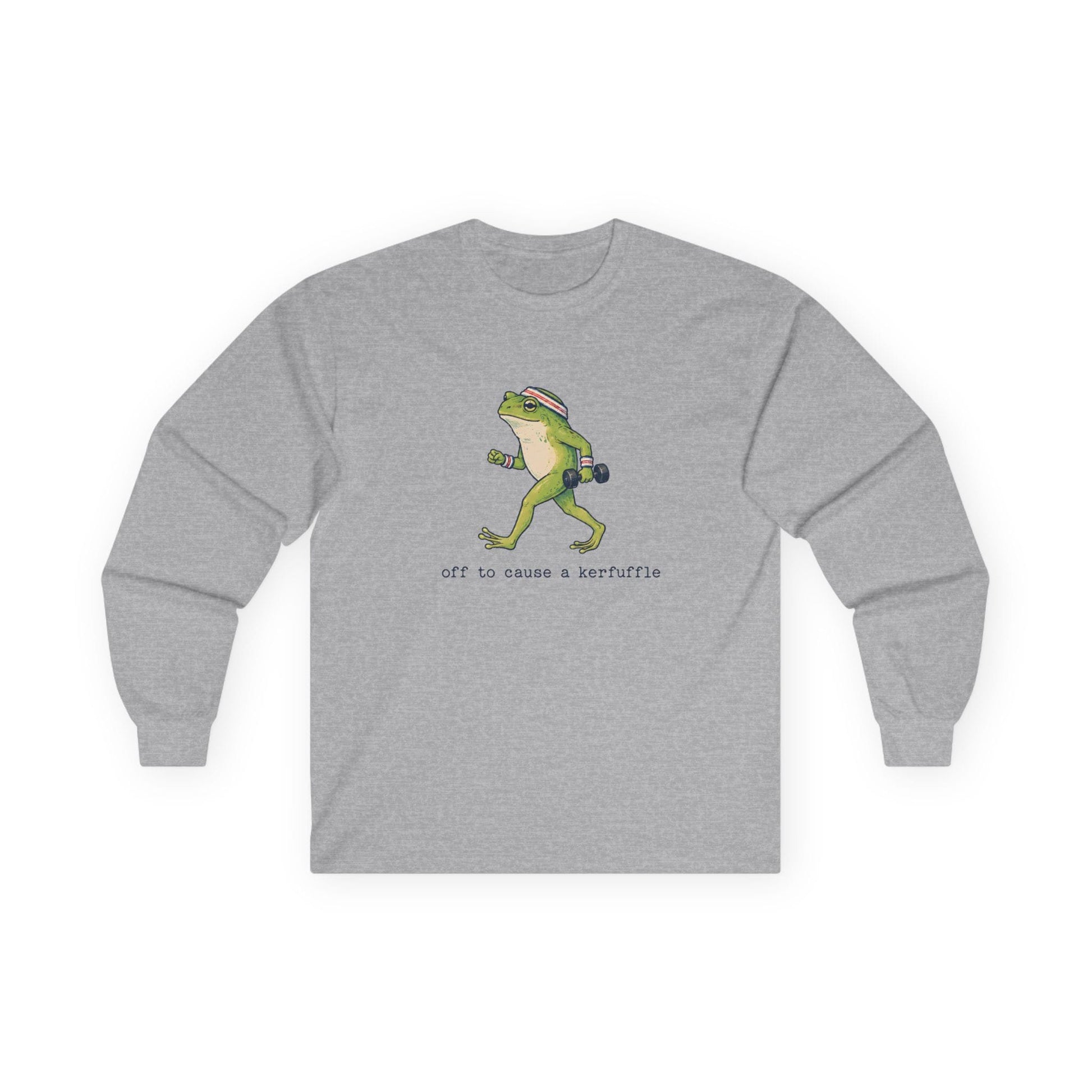 Sport grey long sleeve tee printed with "off to cause a kerfuffle" in black, with a green frog carrying dumbbells