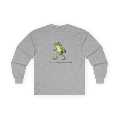 Sport grey long sleeve tee printed with "off to cause a kerfuffle" in black, with a green frog carrying dumbbells