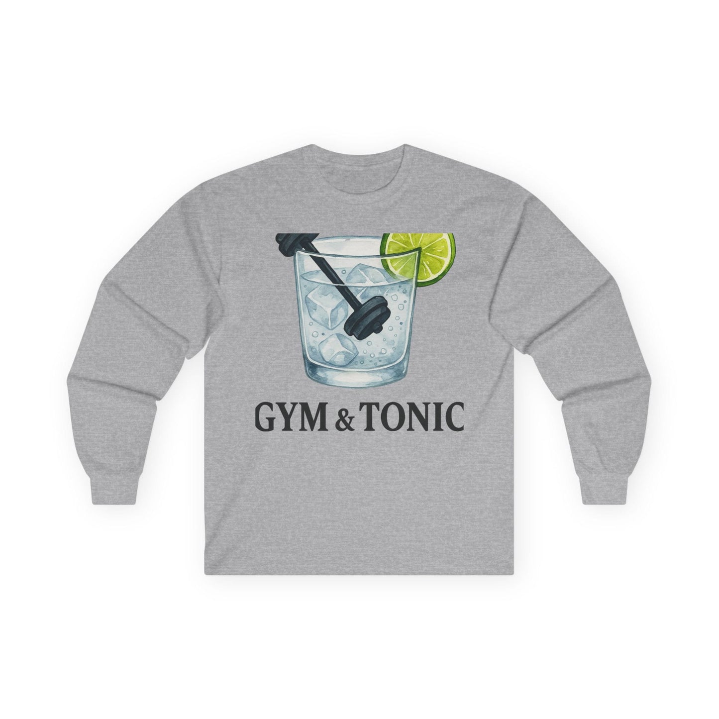 Sport grey long sleeve tee printed with "Gym & Tonic" in black, with a tonic glass holding a lime wedge and a dumbbell