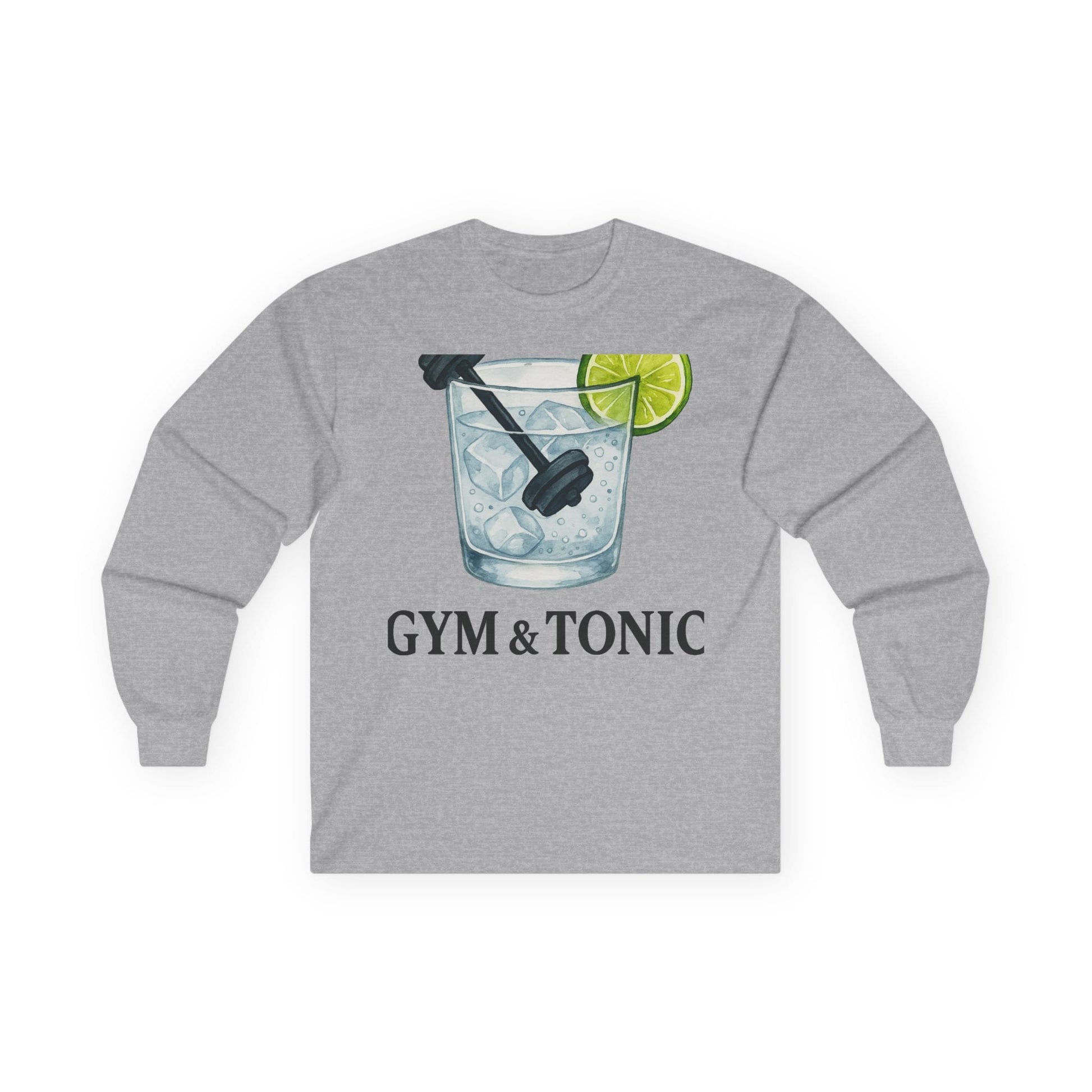 Sport grey long sleeve tee printed with "Gym & Tonic" in black, with a tonic glass holding a lime wedge and a dumbbell