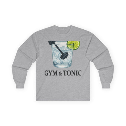 Sport grey long sleeve tee printed with "Gym & Tonic" in black, with a tonic glass holding a lime wedge and a dumbbell