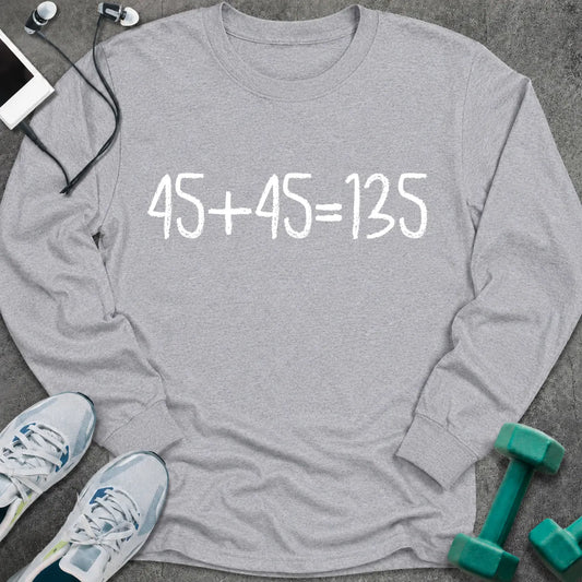 Sport grey long sleeve tee printed with "45+45=135" in white chalk-style lettering