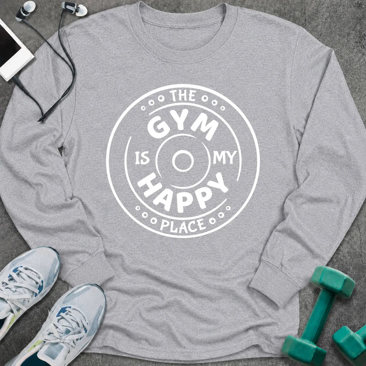 Sport grey long sleeve tee printed with "The Gym Is My Happy Place" in white, with a round badge around the words