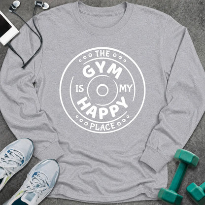 Sport grey long sleeve tee printed with "The Gym Is My Happy Place" in white, with a round badge around the words