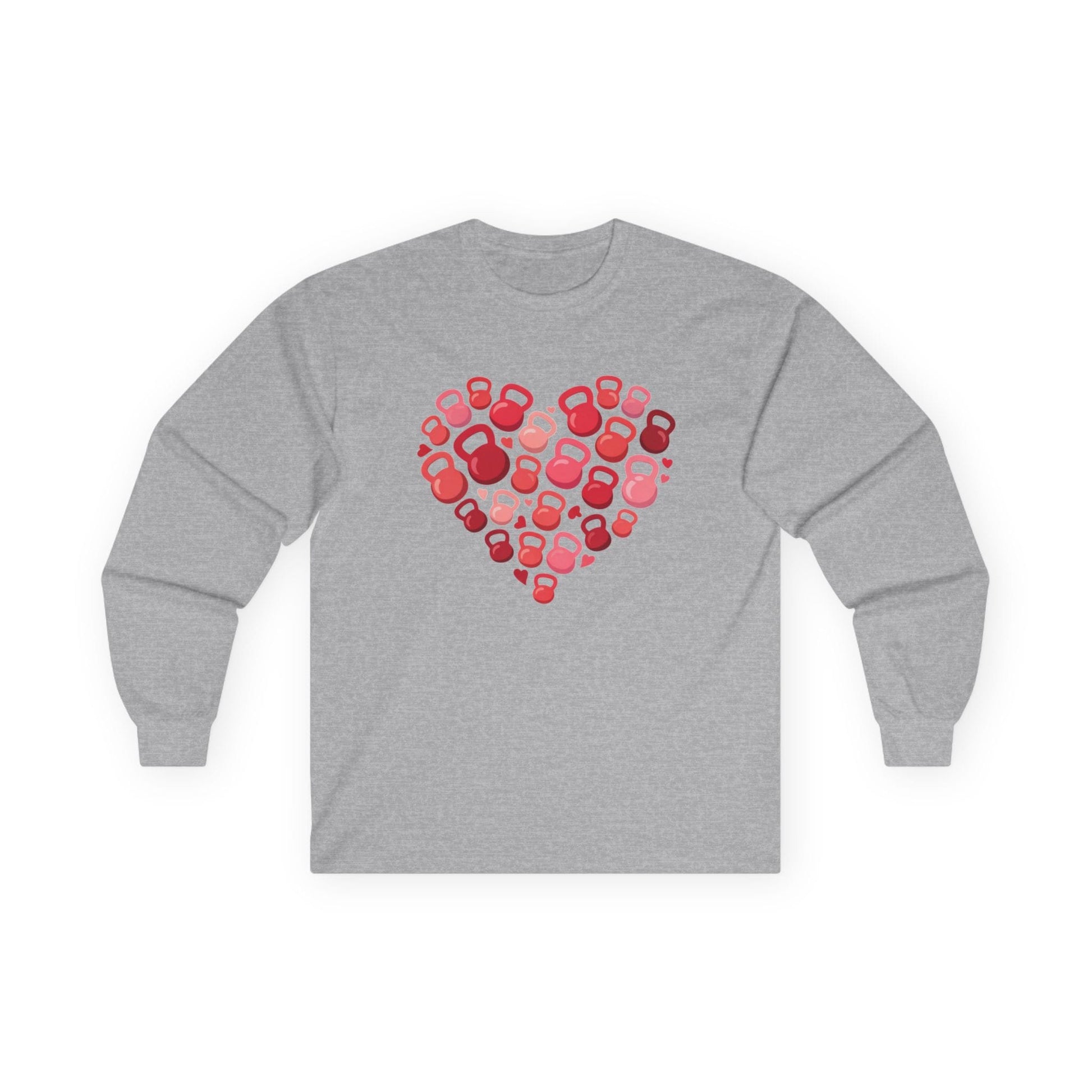 Sport grey long sleeve tee printed with a heart built from red and pink kettlebells