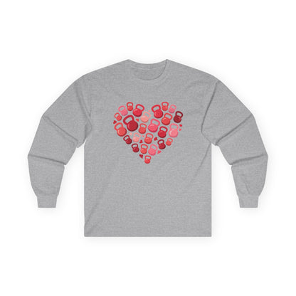Sport grey long sleeve tee printed with a heart built from red and pink kettlebells