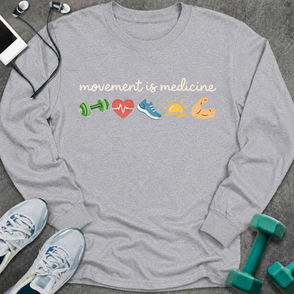 Sport grey long sleeve tee printed with "movement is medicine" in white script, with dumbbell, heart, running shoe, sunrise and flexed arm icons