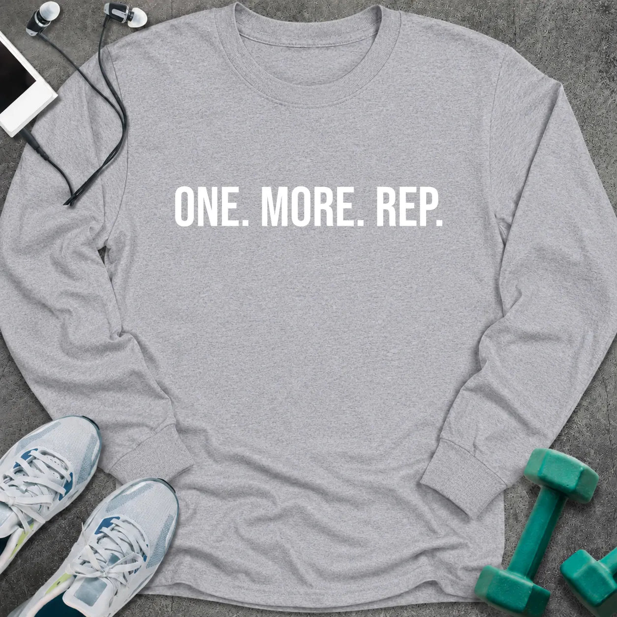Sport grey long sleeve tee printed with "One. More. Rep." in white