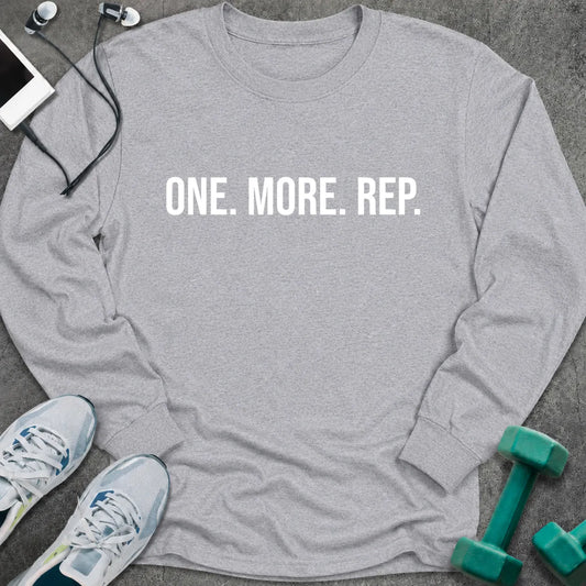 Sport grey long sleeve tee printed with "One. More. Rep." in white