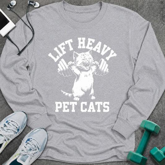 Sport grey long sleeve tee printed with "Lift Heavy Pet Cats" in white, with a cat lifting dumbbells