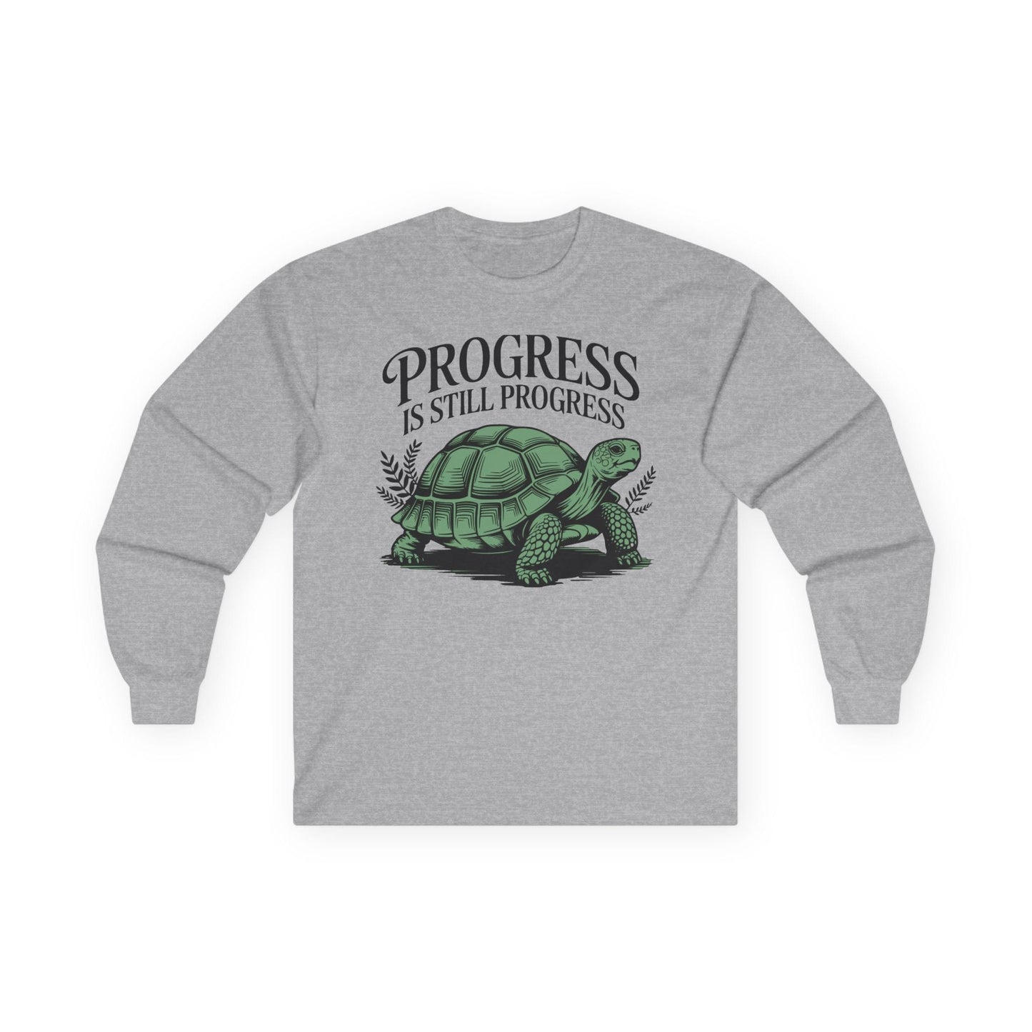 Sport grey long sleeve tee printed with "Progress Is Still Progress" in black, with a tortoise