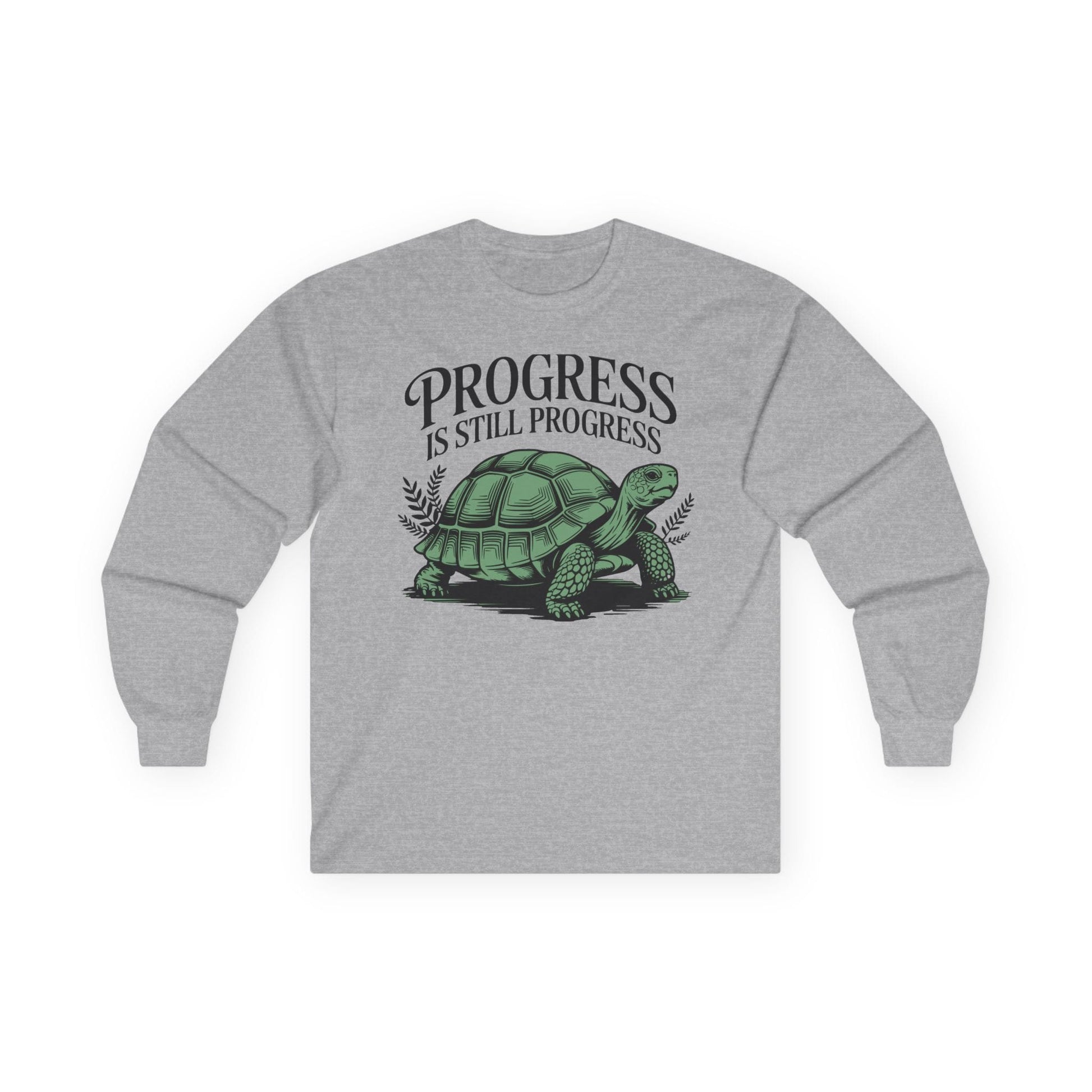 Sport grey long sleeve tee printed with "Progress Is Still Progress" in black, with a tortoise