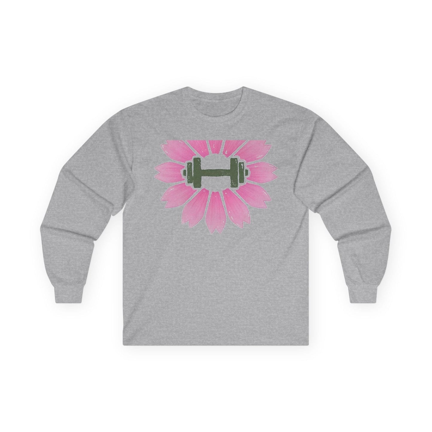 Sport grey long sleeve tee printed with a pink cherry blossom with a green dumbbell at its center