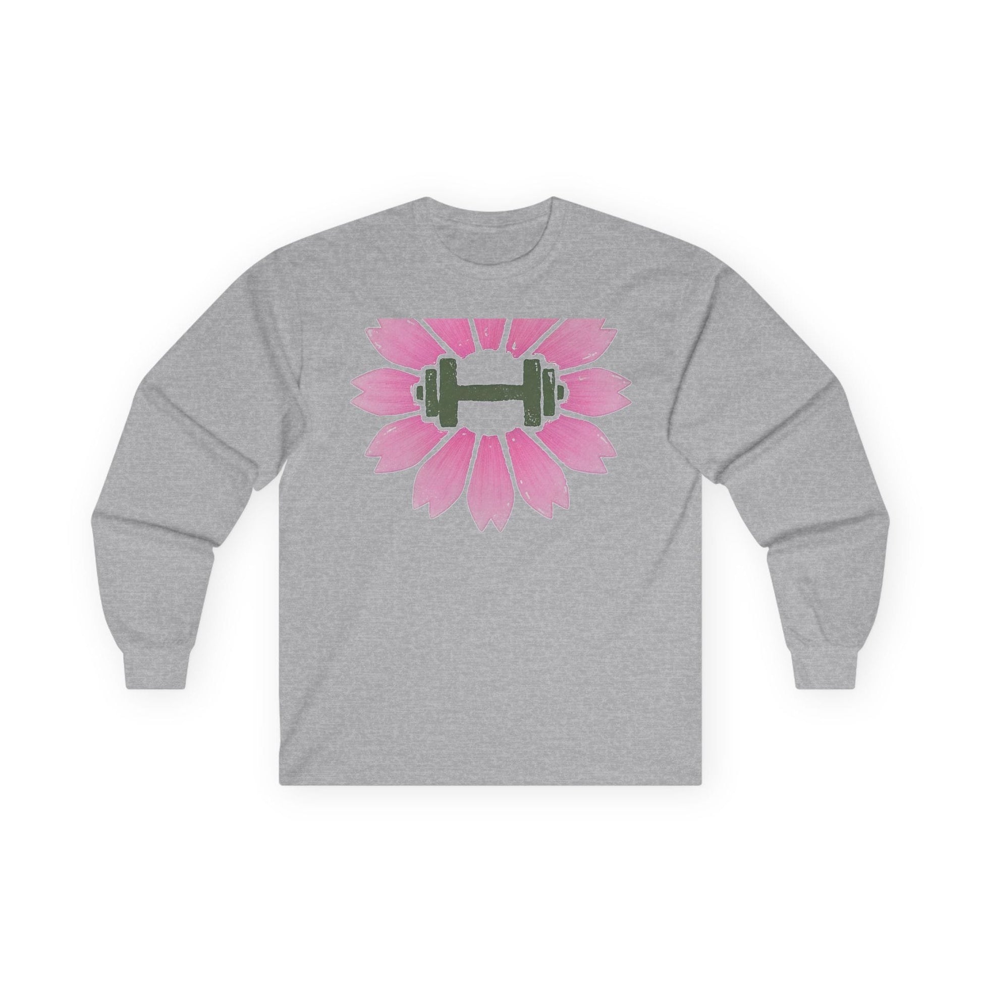 Sport grey long sleeve tee printed with a pink cherry blossom with a green dumbbell at its center