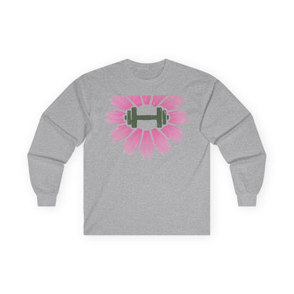 Sport grey long sleeve tee printed with a pink cherry blossom with a green dumbbell at its center
