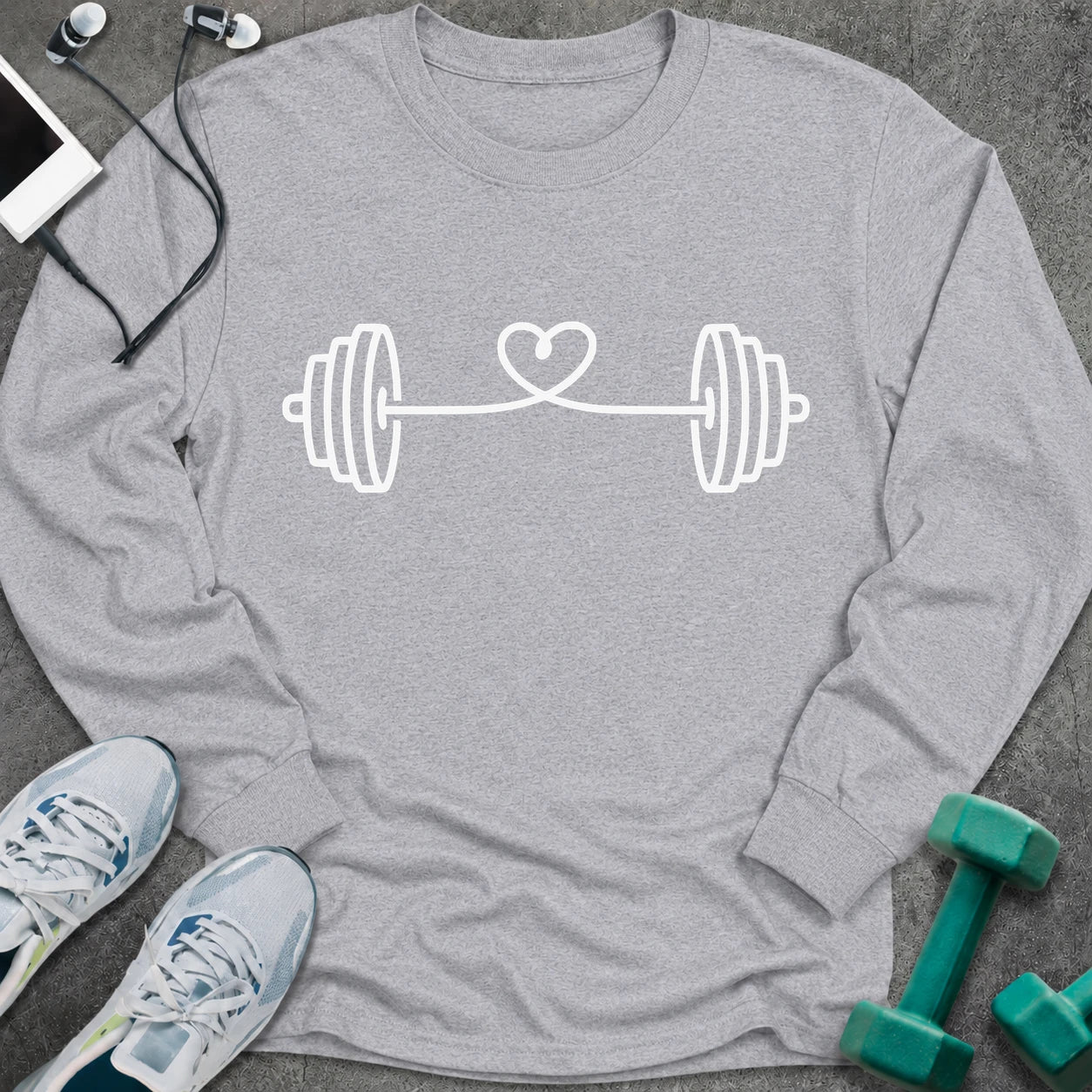 Sport grey long sleeve tee printed with a barbell strung with a looping heart in white