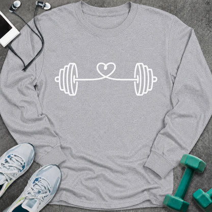 Sport grey long sleeve tee printed with a barbell strung with a looping heart in white