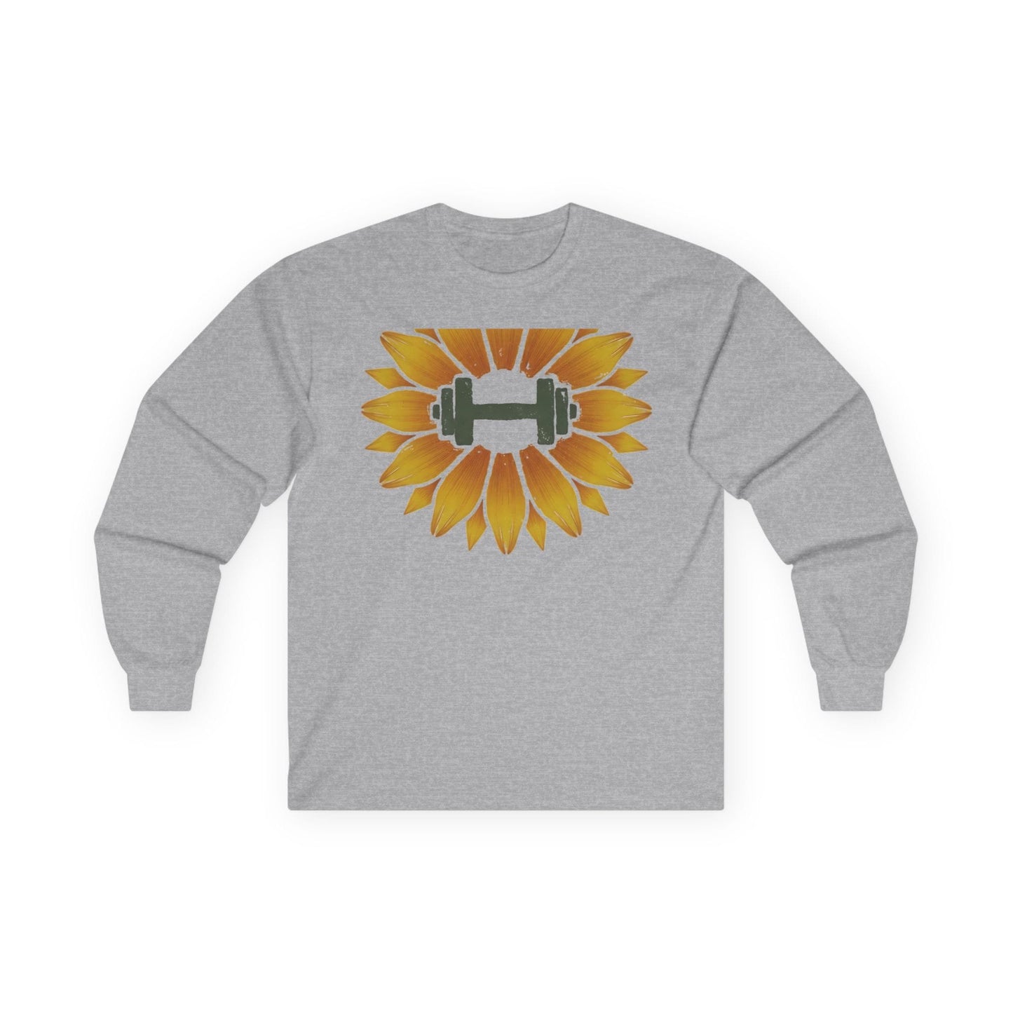 Sport grey long sleeve tee printed with a sunflower with a green dumbbell at its center