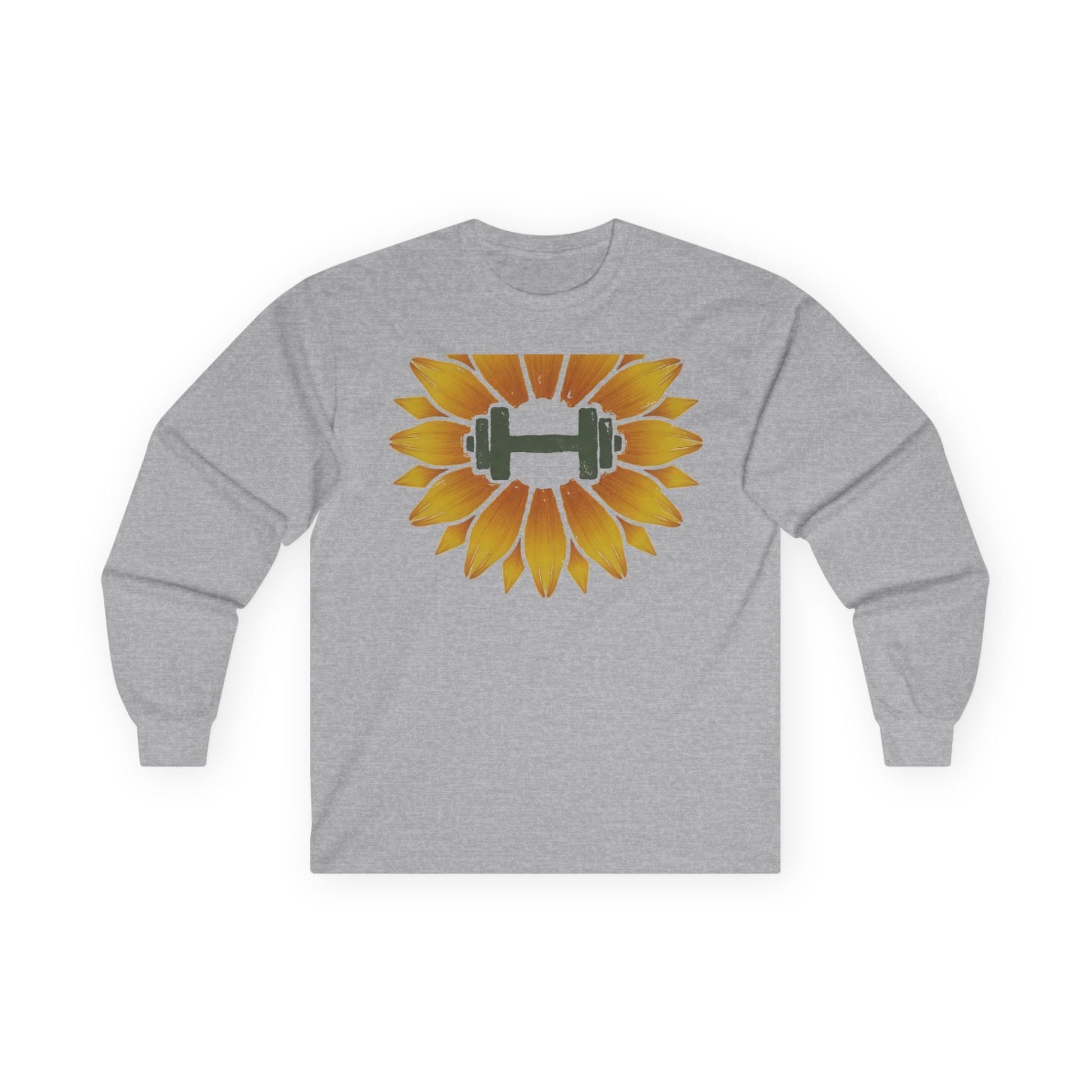 Sport grey long sleeve tee printed with a sunflower with a green dumbbell at its center