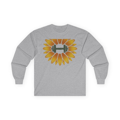 Sport grey long sleeve tee printed with a sunflower with a green dumbbell at its center