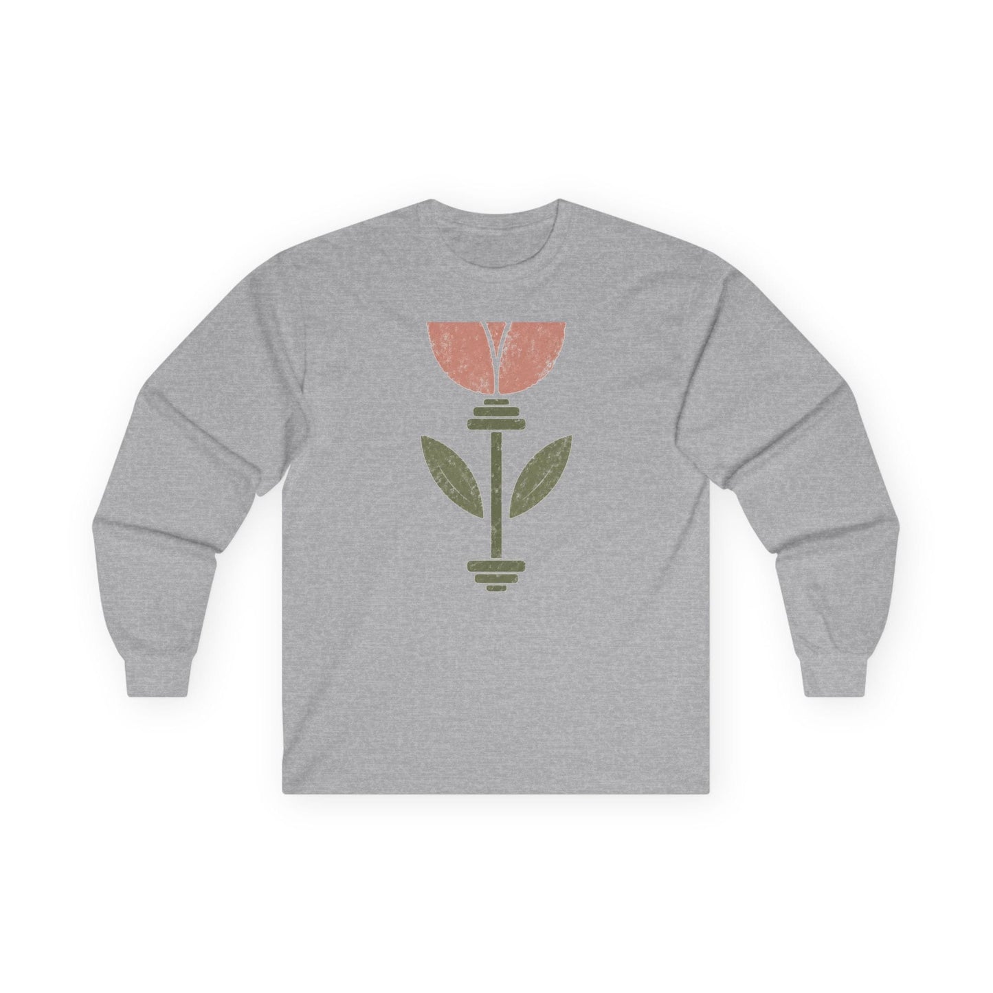 Sport grey long sleeve tee printed with a pink tulip growing from a barbell stem