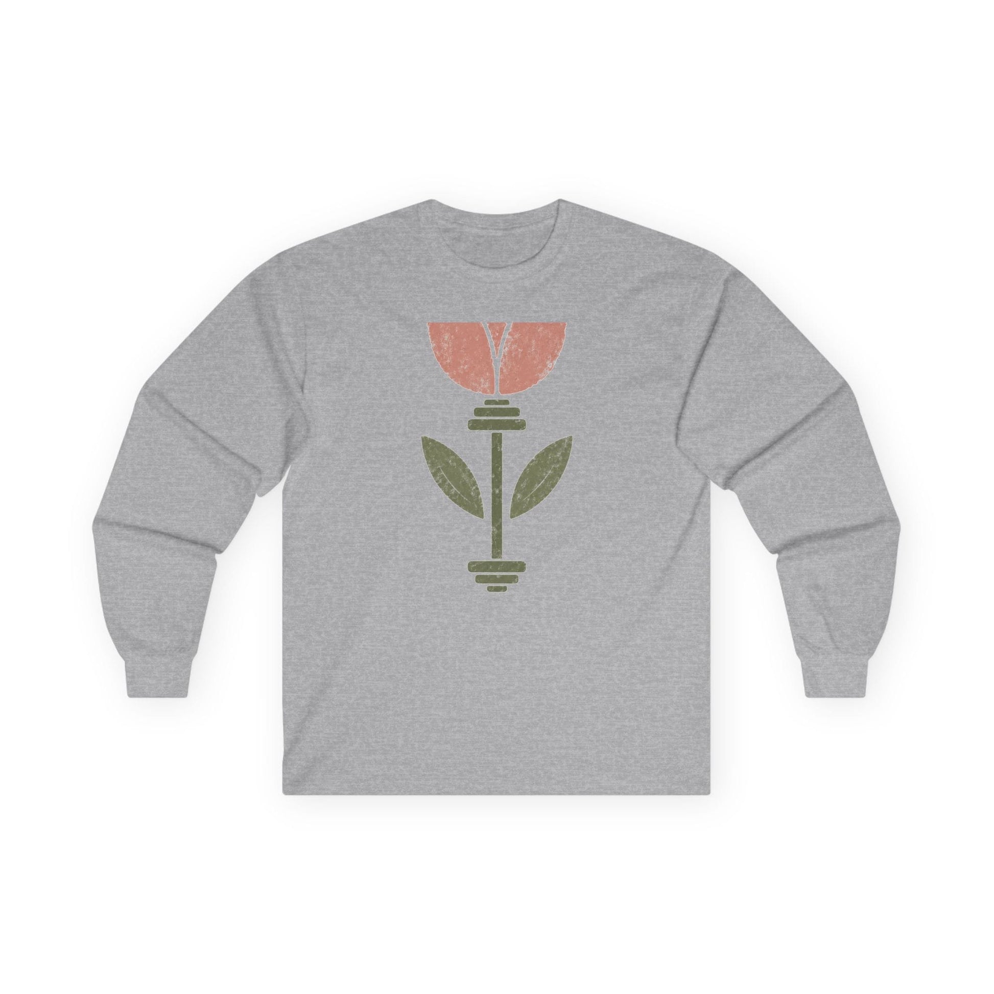 Sport grey long sleeve tee printed with a pink tulip growing from a barbell stem