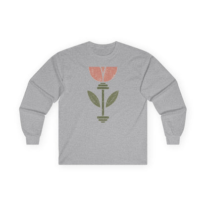 Sport grey long sleeve tee printed with a pink tulip growing from a barbell stem